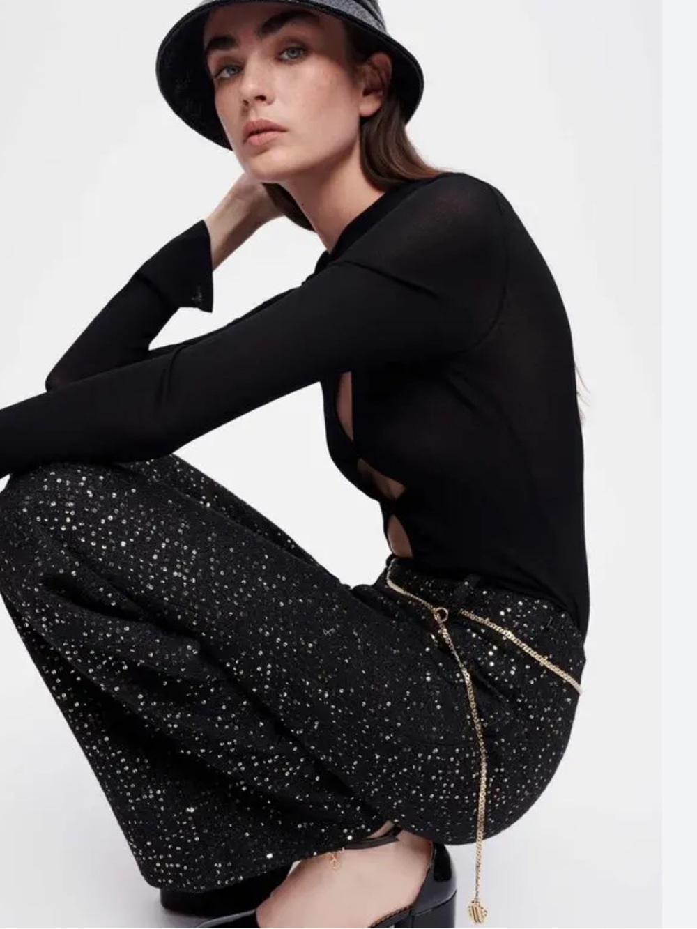 Maje Black Tweed Sequin pant with Gold-Tone Logo(no belt)